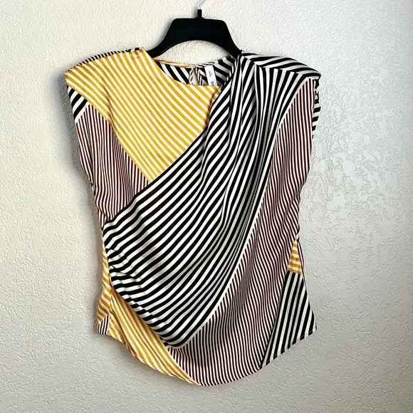 MNG Mango Brown Yellow Black White Stripes Padded shoulder Casual Blouse Tops 6 - Picture 2 of 8